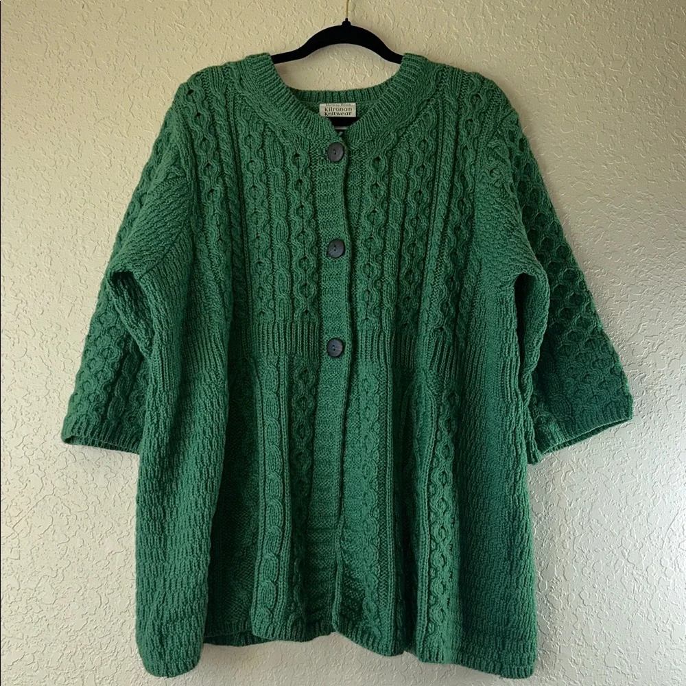 Irish Wool Cable Knit Green Cardigan Sweater - Picture 3 of 17